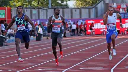 L'Américain Trayvon Bromell a remporté le 100m du meeting de&nbsp;Ligue de diamant organisé à Gateshead, mardi 13 juillet 2021. (SCOTT HEPPELL / AFP)