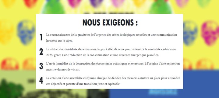 Les revendications du mouvement sont affichées sur le site d'Extinction Rebellion. (EXTINCTIONREBELLION.FR)