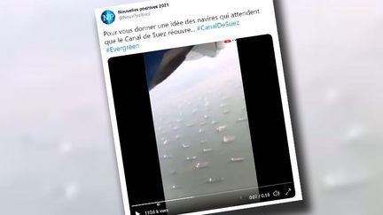 Attention à cette publication prétendant montrer un embouteillage à l'entrée du canal de Suez. Elle est fausse. (CAPTURE D'ÉCRAN TWITTER)