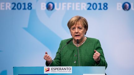 La chancelière allemande, Angela Merkel, le 25 octobre 2018, lors d'un meeting de soutien au candidat de la CDU en Hesse. (SILAS STEIN / DPA / AFP)