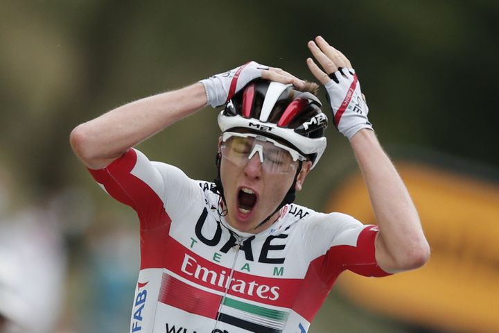 La joie du coureur slovène Tadej Pogacar, vainqueur de la 9e étape du Tour de France à Laruns (Pyrénées-Atlantiques), le 6 septembre 2020. (BENOIT TESSIER / AFP)