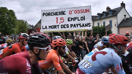 Des opposants à un projet controversé d'ouverture d'une porcherie industrielle&nbsp;ont envahi la route, au départ de la 14e étape du Tour de France, à Ossun, samedi 20 juillet. (MARCO BERTORELLO / AFP)