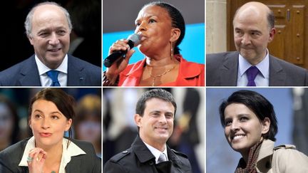 Laurent Fabius (Affaires &eacute;trang&egrave;res), Christiane Taubira (Justice), Pierre&nbsp;Moscovici (Economie), C&eacute;cile Duflot (Logement), Manuel Valls (Int&eacute;rieur) et Najat Vallaud-Belkacem (Droits des femmes) font partie du premier gouvernement de l'&egrave;re Fran&ccedil;ois Hollande. (AFP / FTVI)