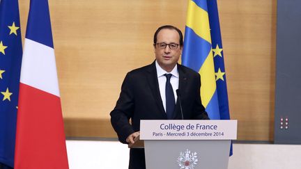 Le pr&eacute;sident de la R&eacute;publique prononce un discours au Coll&egrave;ge de France, &agrave; Paris, le 3 d&eacute;cembre 2014. (REMY DE LA MAUVINIERE / AFP)