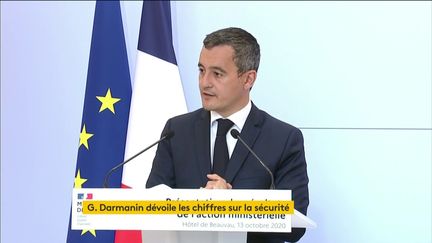 Gérald Darmanin, ministre de l'Intérieur, lors de la présentation mensuelle des chiffres de l'activité des forces de l'ordre, le 13 octobre 2020.&nbsp; (FRANCEINFO)