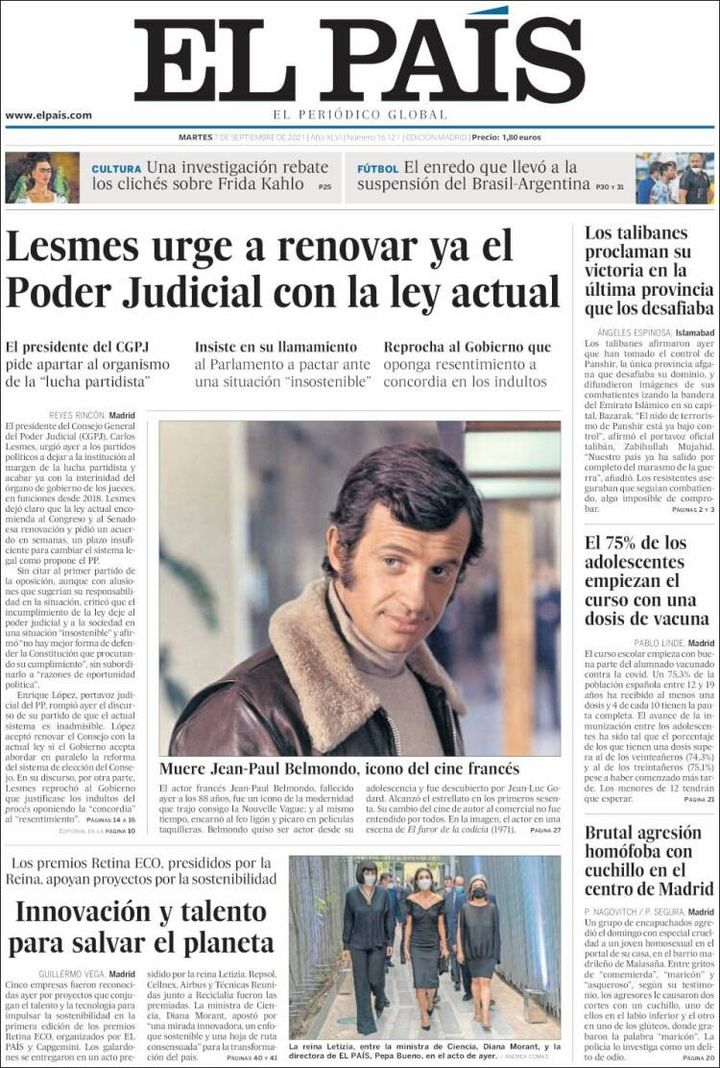 La une du journal "El Pais", le 7 septembre 2021. (EL PAIS)