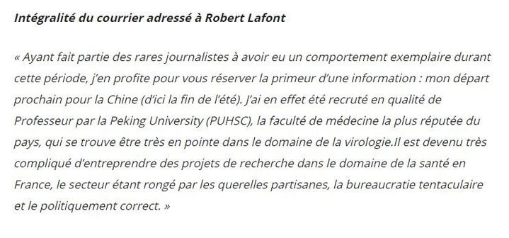 Capture d'écran d'un courrier&nbsp;électronique attribué au professeur Didier Raoult et adressé à Robert Lafont, le 20 mai 2020. (ENTREPRENDRE.FR)