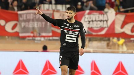 Le Rennais Martin Terrier célèbre un but inscrit face à l'AS Monaco au stade Louis-II, le 22 décembre 2021. (VALERY HACHE / AFP)