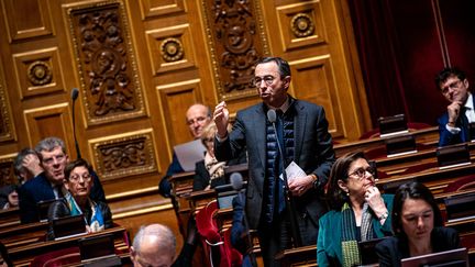 Bruno Retailleau au Sénat lors de la réforme des retraites, le 6 mars 2023. (AMAURY CORNU / HANS LUCAS / AFP)