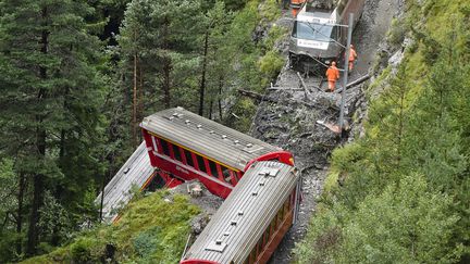 Les secours sur les lieux de l'accident d'un train qui a d&eacute;raill&eacute; &agrave; cause d'un glissement de terrain, le 13 ao&ucirc;t 2014 en Suisse. (MICHAEL BUHOLZER / AFP)