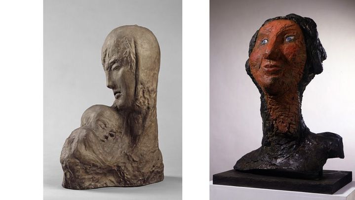 A gauche, Wilhelm Lembruck, Mère et enfant, 1918 - A droite, Markus Lüpertz, Tête de Judith, 1995.
 (A g © Wilhelm Lehmbruck photo © Lothar Schnepf, Köln - A © Markus Lüpertz)