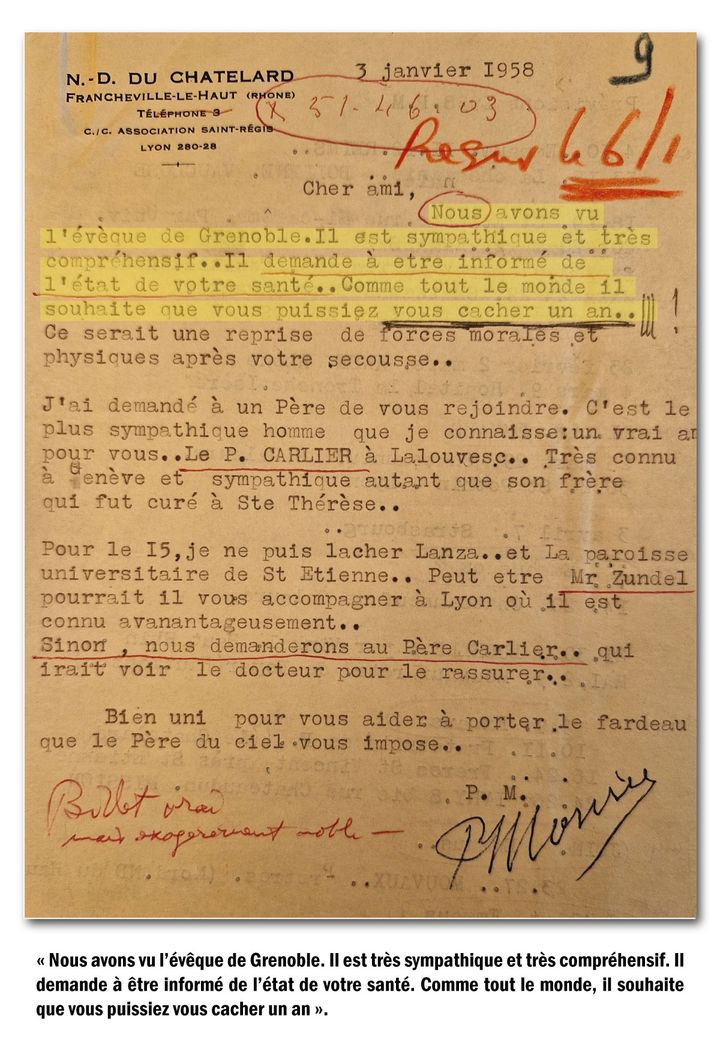 Lettre de 1958 adressée à l’abbé Pierre par le curé chargé de le surveiller, lui annonçant qu’il doit se “cacher un an” (DR)