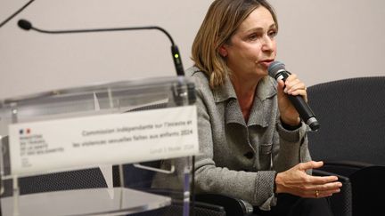 Caroline Rey-Salmon speaks during a press conference in Paris, February 5, 2024. (EMMANUEL DUNAND / AFP)