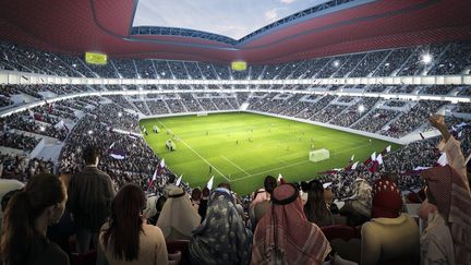 Une repr&eacute;sentation, vu des tribunes, du futur stade d'Al-Khor (Qatar), qui doit &ecirc;treconstruit &agrave; l'occasion de la Coupe du monde de football 2022. ( AFP / JEROEN JUMELET)