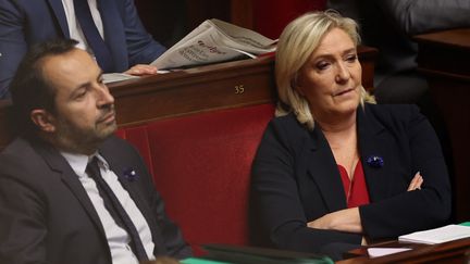 Les députés du parti du Rassemblement national, Marine Le Pen (à droite) et Sébastien Chenu (à gauche), à l'Assemblée nationale,&nbsp;le 8 novembre 2022. (THOMAS SAMSON / AFP)