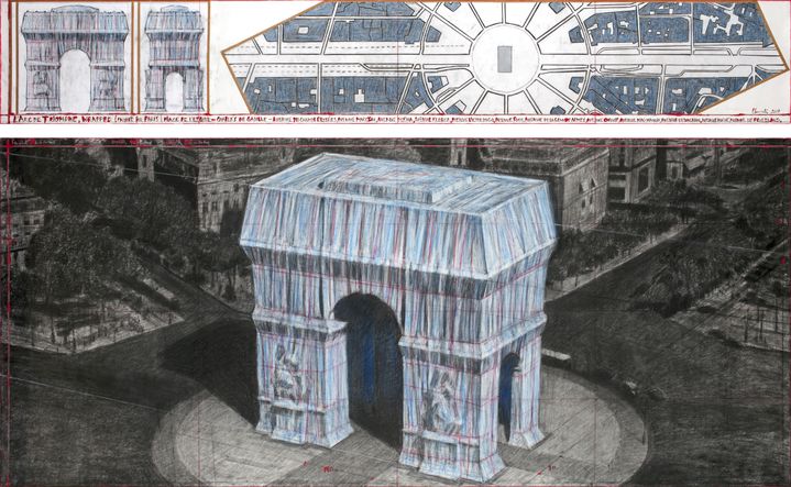 Un dessin de travail montrant le projet d'empaqueter l'Arc de Triomphe, qui sera réalisé par l'artiste américain Christo en 2020 à Paris. (AFP PHOTO / CHRISTO AND JEANNE-CLAUDE - 2019 CHRISTO / ANDRE GROSSMANN)