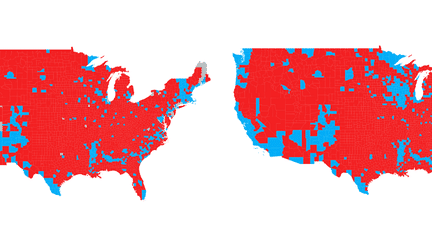 Cartes du résultat de l'élection présidentielle américaine en 2012 et en 2016, comté par comté. (NICOLAS ENAULT)