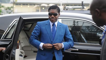 Le vice-président de Guinée Equatoriale Teodorin Obiang le 24 juin 2013 lors de son arrivée au stade Malabo pour les cérémonies organisées pour son 41e anniversaire. (JEROME LEROY / AFP)