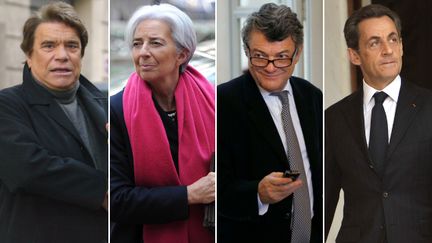 Bernard Tapie, Christine Lagarde, Jean-Louis Borloo et Nicolas Sarkozy : quatre noms cit&eacute;s de pr&egrave;s ou de loin dans "l'affaire Tapie". (AFP / MONTAGE FRANCETV INFO)