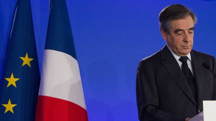 François Fillon prononce un discours à paris, le 23 avril 2017. (IRINA KALASHNIKOVA / SPUTNIK / AFP)