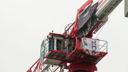 Deux femmes étaient montées en haut d'une grue à Strasbourg (Bas-Rhin) pour défendre la cause des enfants handicapés le 7 juin 2017. (MAXPPP)