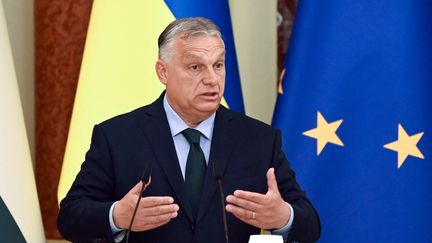 Le Premier ministre hongrois, Viktor Orban, s'exprime lors d'un point-presse commun avec le président ukrainien Volodymyr Zelensky, à Kiev, en Ukraine, le 2 juillet 2024. (STR / NURPHOTO / AFP)