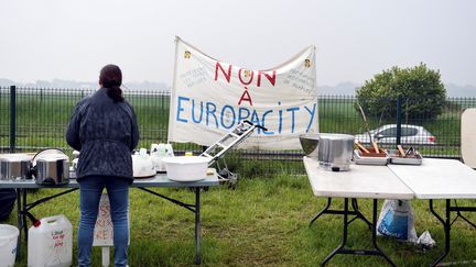 Une manifestante opposée au projet EuropaCity lors d'un rassemblement, le 19 mai 2019 à Gonesse (Val-d'Oise). (ALAIN JOCARD / AFP)