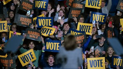 La candidate Kamala Harris lors d'un discours à l'université Ann Arbor du Michigan, le 28 octobre 2024. (LON HORWEDEL / EPA)