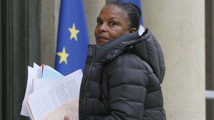 La ministre de la Justice Christiane Taubira, &agrave; l'Elys&eacute;e, le 18 f&eacute;vrier 2015. (PATRICK KOVARIK / AFP)