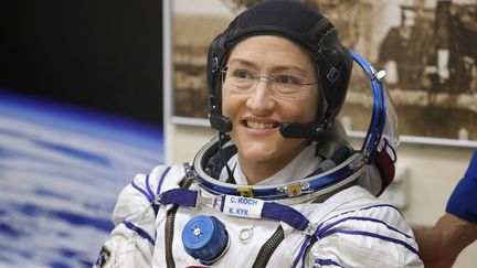 L'astronaute américaine Christina Koch à la station spatiale russe de Baïkonour, au Kazakhstan, le 14 mars 2019.&nbsp; (DMITRI LOVETSKY / AP / SIPA)