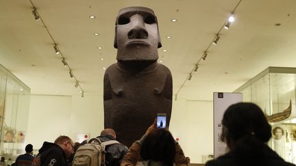 Le moaï Hoa Hakananai'a, une statue de l'île de Pâques dans les collections du British Museum de Londres depuis 1869. (ADRIAN DENNIS / AFP)