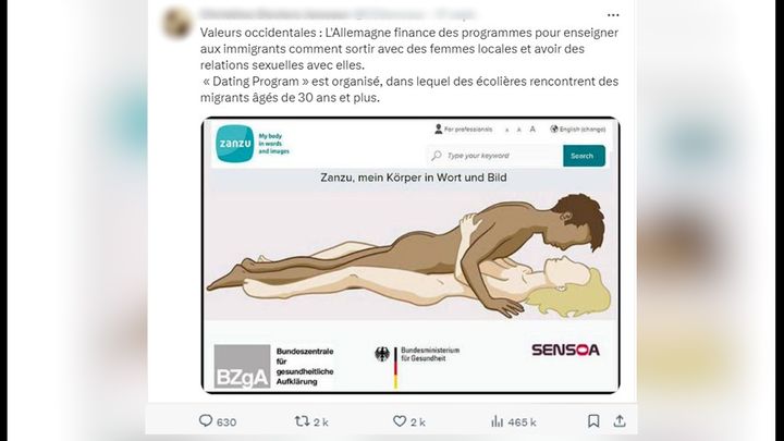 Sur X, cette internaute affirme que le gouvernement allemand a lancé un programme pour enseigner aux migrants des techniques pour coucher avec "des femmes locales". C'est faux. (CAPTURE ECRAN X)