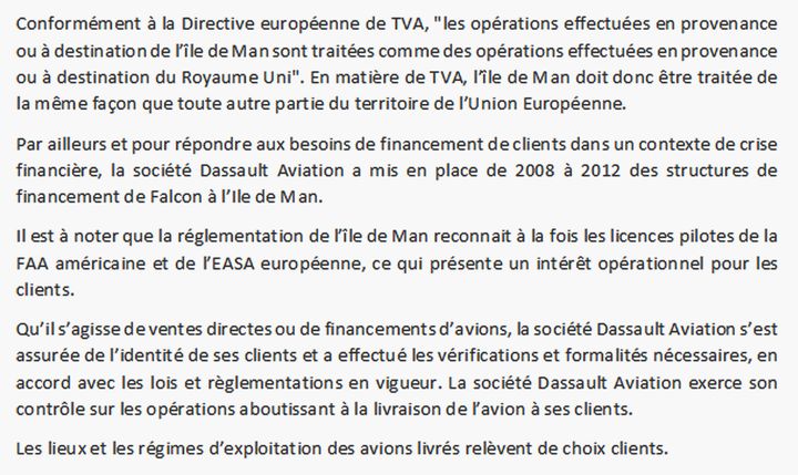 Réponse du directeur de la communication de Dassault Aviation. (DR)