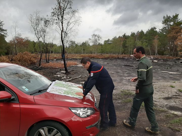 François Faucon,&nbsp;technicien forestier à l’ONF, et&nbsp;le lieutenant colonel Olivier Compta, du SDISS de Seine-et-Marne, dans la forêt de Fontainebleau. (ANNE-LAURE BARRAL / RADIO FRANCE)