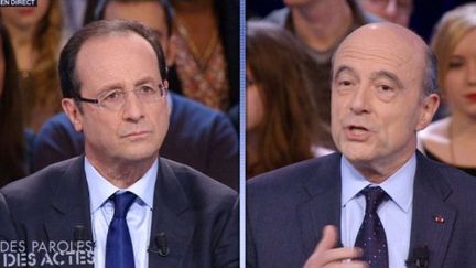 Hollande et Juppé lors du "Dés Paroles et des Actes" de janvier 2012 (F2/AFP)