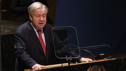 Le secrétaire général de l'ONU, Antonio Guterres, le 22 septembre 2021 à New York (Etats-Unis).&nbsp; (JOHN ANGELILLO / GETTY IMAGES NORTH AMERICA / AFP)