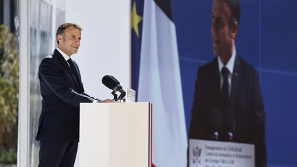 President Emmanuel Macron, during the inauguration of the new CMA CGM innovation center, in Marseille, May 8, 2024. (LUDOVIC MARIN / POOL / AFP POOL)