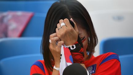 Une fan de la Corée du Sud face à la Suède le 18 juin 2048 à&nbsp;Nizhny Novgorod (Russie). (JOHANNES EISELE / AFP)