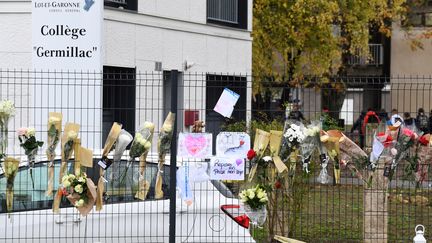 Des fleurs sont déposées devant le collège Germillac où était scolarisée la victime, à Tonneins (Lot-et-Garonne), le 21 novembre 2022. (MEHDI FEDOUACH / AFP)