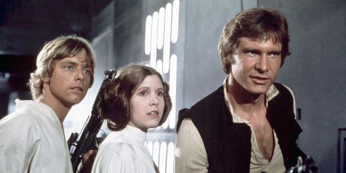 Mark Hamill, Carrie Fischer et Harrison Ford dans le premier volet de "Star Wars", de George Lucas, en 1977...
 (Screene Prod / Photononstop / AFP)