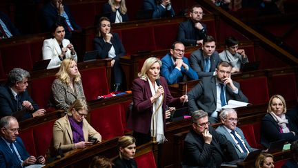 La présidente du groupe RN, Marine Le Pen, à l'Assemblée nationale, le 15 février 2023. (XOSE BOUZAS / HANS LUCAS / AFP)