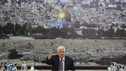 Mahmoud Abbas, le président de l'Autorité palestinienne, lors d'un discours à Ramallah, en Cisjordanie, le 19 mars 2018.&nbsp; (ISSAM RIMAWI / ANADOLU AGENCY / AFP)