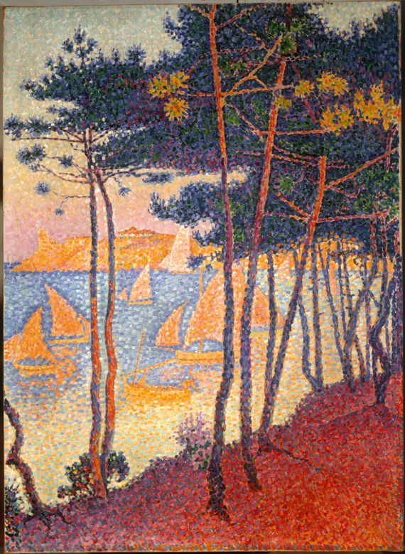 Paul Signac, "Voiles et pins", 1896. Huile sur toile, 81 x 52 cm. Collection particuli&egrave;re. (TOUS DROITS RÉSERVÉS)