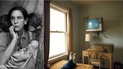 A gauche, Sandro Miller; "Dorothea Lange / Migrant Mother, Nipomo, Californie (1936)", 2014. Avec l'aimable autorisation de l'artiste et de la Catherine Edelman Gallery, Chicago - A droite, Stephen Shore, "Chambre 125, Westbank Motel, Idaho Falls, 18 July 1973", série Uncommon Places. Avec l'aimable autorisation de l'artiste et de la 303 Gallery à New York
 (Rencontres Arles)