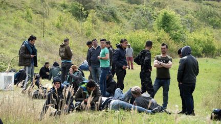 Des migrants dans la zone du&nbsp;Puythouck à Grande-Synthe (Nord), le 2 mai 2017, un mois après l'incendie du camp de la Linière, qui accueillait 1 400 personnes. (MAXPPP)