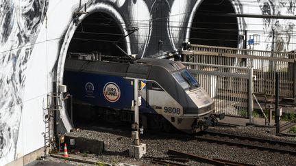 Un train navette transportant des camions sortant du tunnel sous la Manche, à Coquelles (Pas-de-Calais), le 4 juillet 2019. (DENIS CHARLET / AFP)