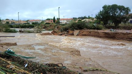 La commune de&nbsp;Villegailhenc inondée le 15 octobre 2018. (STEPHANE IGLESIS / FRANCEINFO)