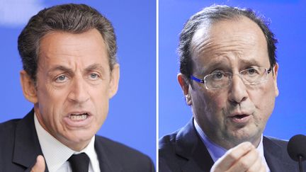 Nicolas Sarkozy (&agrave; g.),&nbsp;le 19 avril 2011, et Fran&ccedil;ois Hollande, le 11 f&eacute;vrier 2012. (ERIC FEFERBERG / AFP)