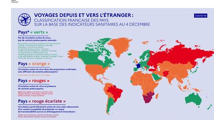 La nouvelle carte des pays classés par indicateur sanitaire, publiée le 3 décembre 2021, comprend désormais la catégorie rouge écarlate, réservée aux pays d'Afrique australe touchés par le variant Omicron. (GOUVERNEMENT.FR)