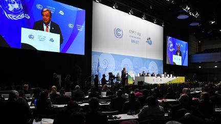 Antonio Guterres,&nbsp;secrétaire général des Nations unies à la tribune de la COP23 à Bonn (Allemagne), le 15 novembre 2017.

 (JOHN MACDOUGALL / AFP)